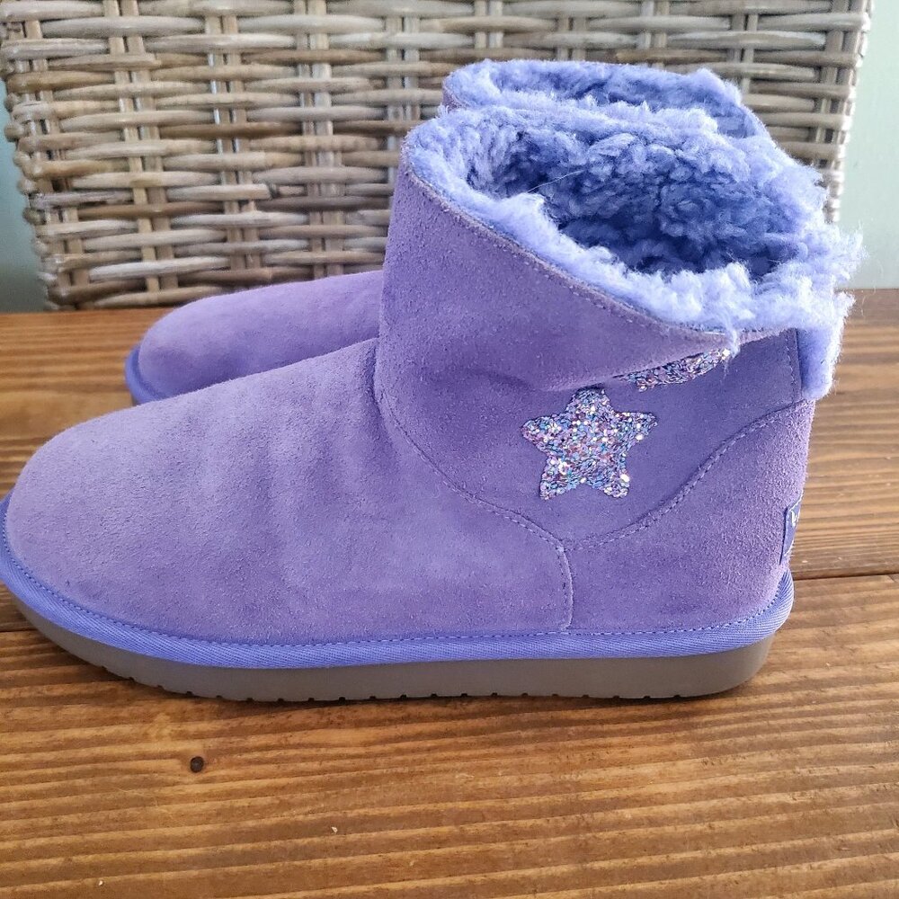 Koolaburra By UGG Purple Suede Kids Boots Glitter Stars Faux Fur Lining Size 4 - Picture 4 of 9